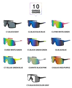 Detailed grid view showcasing ten vibrant color options for wrap-around sports cycling sunglasses
