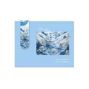 Artistic Chinese style magnetic bookmark featuring blue 3D paper-cut architecture design