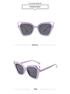 Front and side detail views of purple cat-ear hollow frame oversized sunglasses