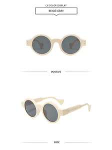 Vue détaillée avant et latérale de lunettes de soleil steampunk rondes beige