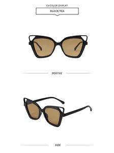 Detail views of black cat-eye sunglasses with unique hollow frames and tea lenses.