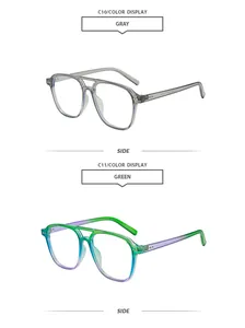 Detaillierte Ansicht der Retro-Mode-Sonnenbrille mit Doppelsteg in Grau und Grünverlauf