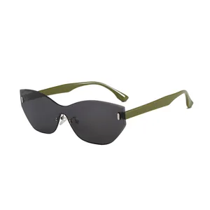 Stylische randlose Polygon-Cat-Eye-Sonnenbrille mit grünen Bügeln für Damen