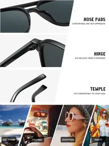 Detailansichten und Lifestyle-Szenarien der Retro-Pilot-Sonnenbrille mit Doppelsteg.