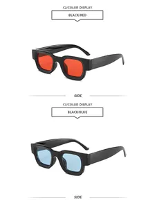 Vista lateral de gafas de sol retro con montura cuadrada pequeña y lentes de colores