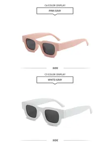 Vista lateral detallada de gafas de sol cuadradas vintage en colores rosa y blanco