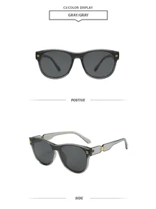 Vues détaillées de face et de côté de lunettes de soleil ovales grises avec accents dorés