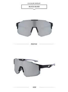 Front and side views of black and silver mirrored cycling sports sunglasses goggles