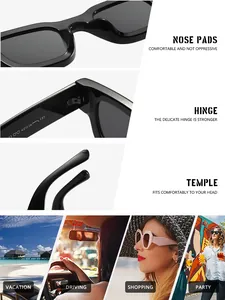 Detalles de gafas de sol cuadradas retro que muestran bisagras, plaquetas y varillas.