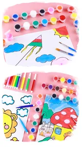 Detail showing kids watercolor markers and 3ml mini acrylic paint pots for art projects