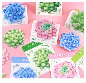 Close-up of cute succulent-shaped sticky notes in pastel pink, blue, and green