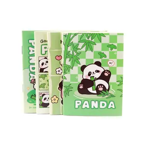 Set of four cartoon panda mini notebooks featuring cute illustrations and green covers