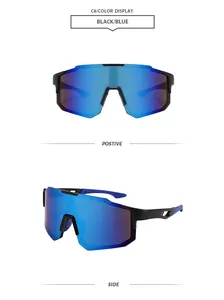 Detailed macro view showing blue mirrored lens and black frame cycling glasses