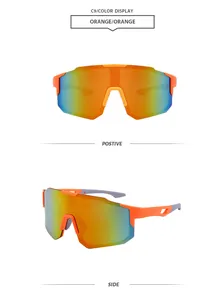 High-definition detail view of orange one-piece shield sports sunglasses for cycling