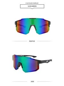 Front and side views of oversized cycling sunglasses with colorful green lenses