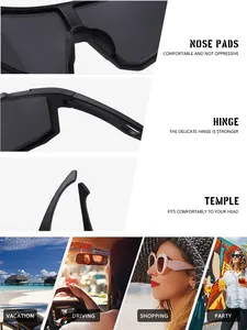 Detail view of stylish oversized wrap-around sunglasses showing nose pads and hinges.