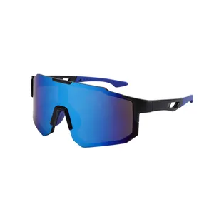 Sporty oversized sunglasses with blue mirrored one-piece lens for cycling and outdoor use