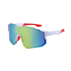 Oversized wrap-around sports sunglasses with iridescent mirrored lenses for cycling
