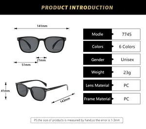 Detaillierte Maßzeichnung der klassischen Unisex-Sonnenbrille mit PC-Rahmen und Glas