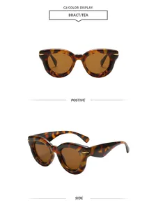 Detailed views of tortoiseshell round thick-frame sunglasses from front and side.