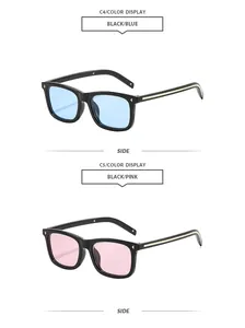 Lunettes de soleil carrées rétro élégantes avec monture noire et verres bleus et roses