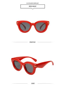 Detail showing red bubble round thick frame sunglasses from positive and side views