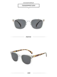 Modische transparente graue Polygon-Sonnenbrille von vorne und von der Seite.