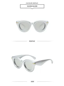 Detailed views of silver bubble frame round sunglasses showing front and side angles