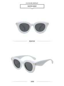 Detailed views showing the front and side of white chunky bubble frame sunglasses