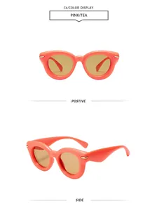 Detailed front and side views of trendy chunky bubble round sunglasses in pink tea.
