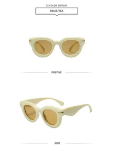 Front and side views of beige bubble round frame sunglasses with tea tinted lenses.