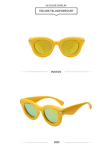 Detailed views of yellow bubble round thick frame sunglasses in positive and side