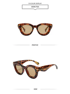 Detailed views of round thick frame tortoise shell sunglasses in Demi Tea color.
