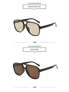 Détails des lunettes aviateur rétro noires avec verres couleur thé clair et thé.