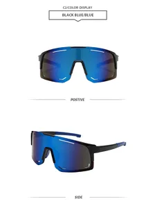 Front and side views of black frame cycling sunglasses with blue mirrored lenses