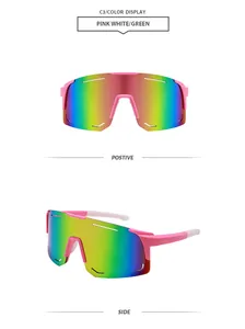 Detail view of pink cycling sunglasses with rainbow mirrored lenses and sports frame.