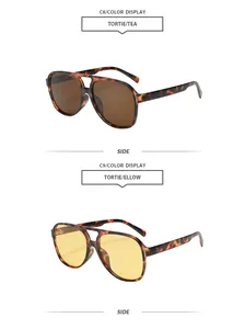 Vue latérale détaillée des lunettes de soleil aviateur écaille avec verres thé et jaunes