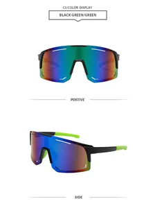 Detailed views of black and green cycling sunglasses with iridescent shield lens.