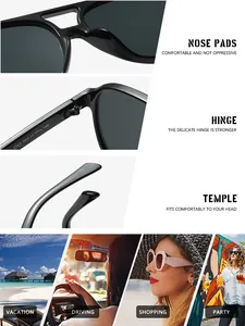 Détails de lunettes de soleil rétro noires à double pont avec charnières et plaquettes.