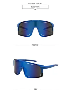 Detailed view of blue oversized sports sunglasses for outdoor cycling and wind protection.