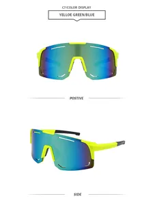 Detailed front and side view of neon yellow sports cycling sunglasses with blue mirrored lenses
