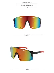 Front and side views of black frame cycling sunglasses with red/purple mirrored lenses