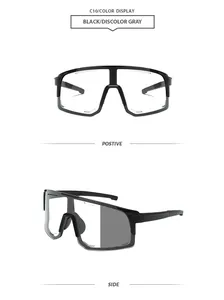Detail view of black wrap-around sports sunglasses with color-changing gray lenses.