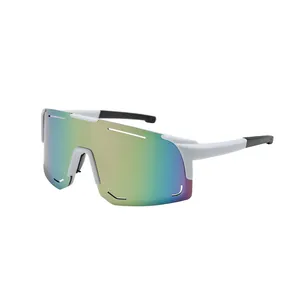 Stylish white frame integrated sports cycling sunglasses with iridescent rainbow lens