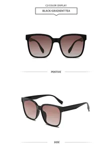 Vues de face et de profil de lunettes de soleil carrées rétro avec monture noire et verres dégradés