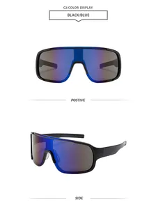 Vista multi-angolo di occhiali da sole sportivi oversize con lenti blu specchiate.