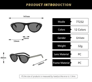 Spécifications techniques des lunettes de soleil œil-de-chat rétro avec mesures précises.