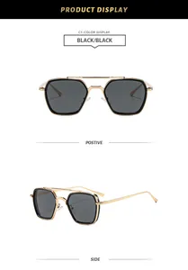 Vue détaillée multi-angles de lunettes de soleil carrées rétro à double pont en or.