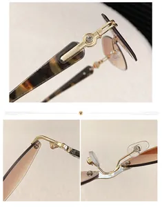 Close-up of rimless diamond cut sunglasses with gold hinge and tortoise temples