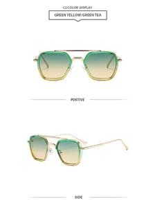 Vues de face et de profil de lunettes de soleil carrées stylées à double pont doré.